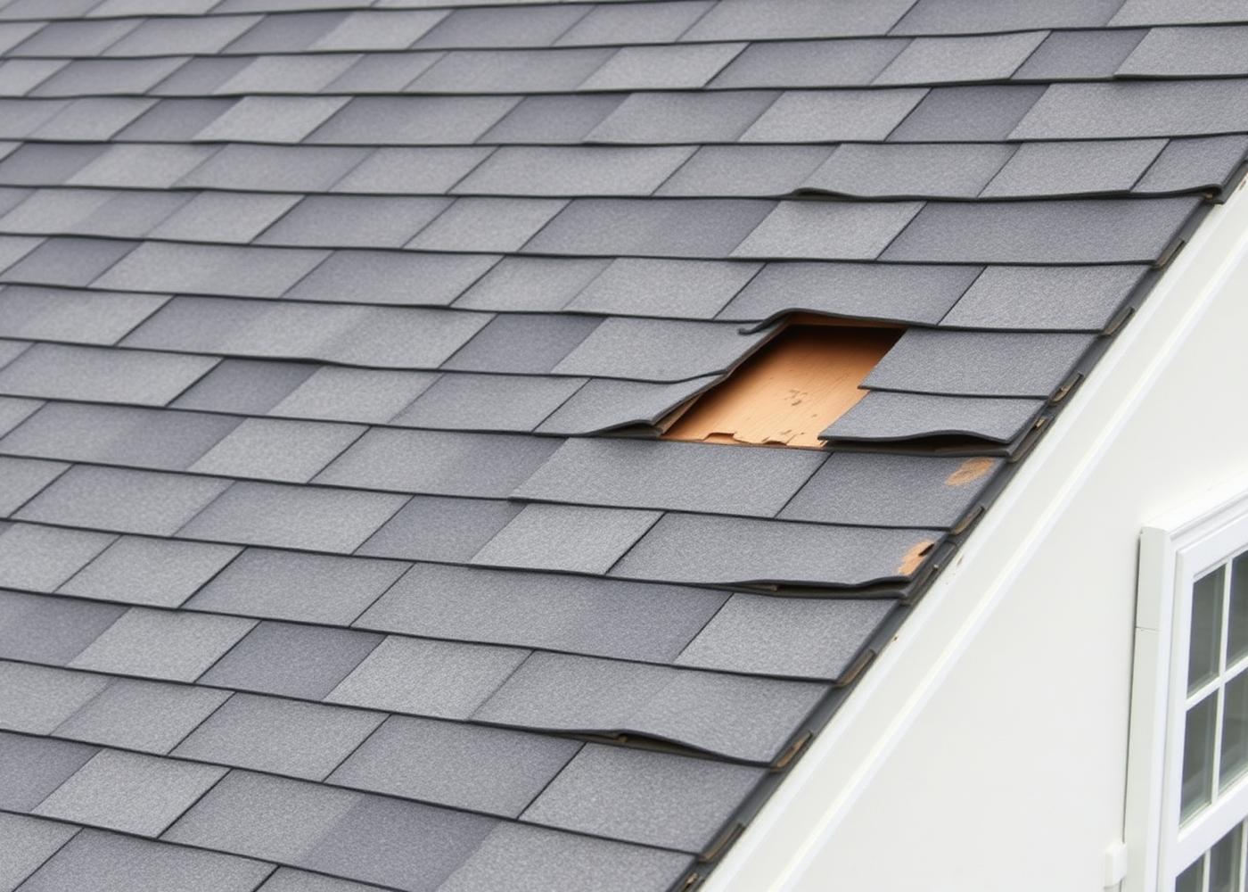 Damaged shingles with missing sections on an aging roof