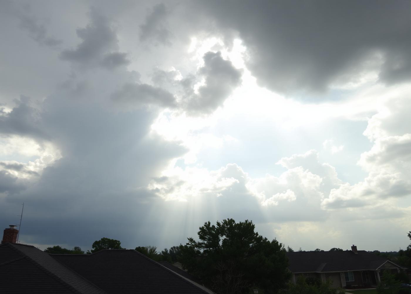 Storm clouds clearing over North Texas rooftops